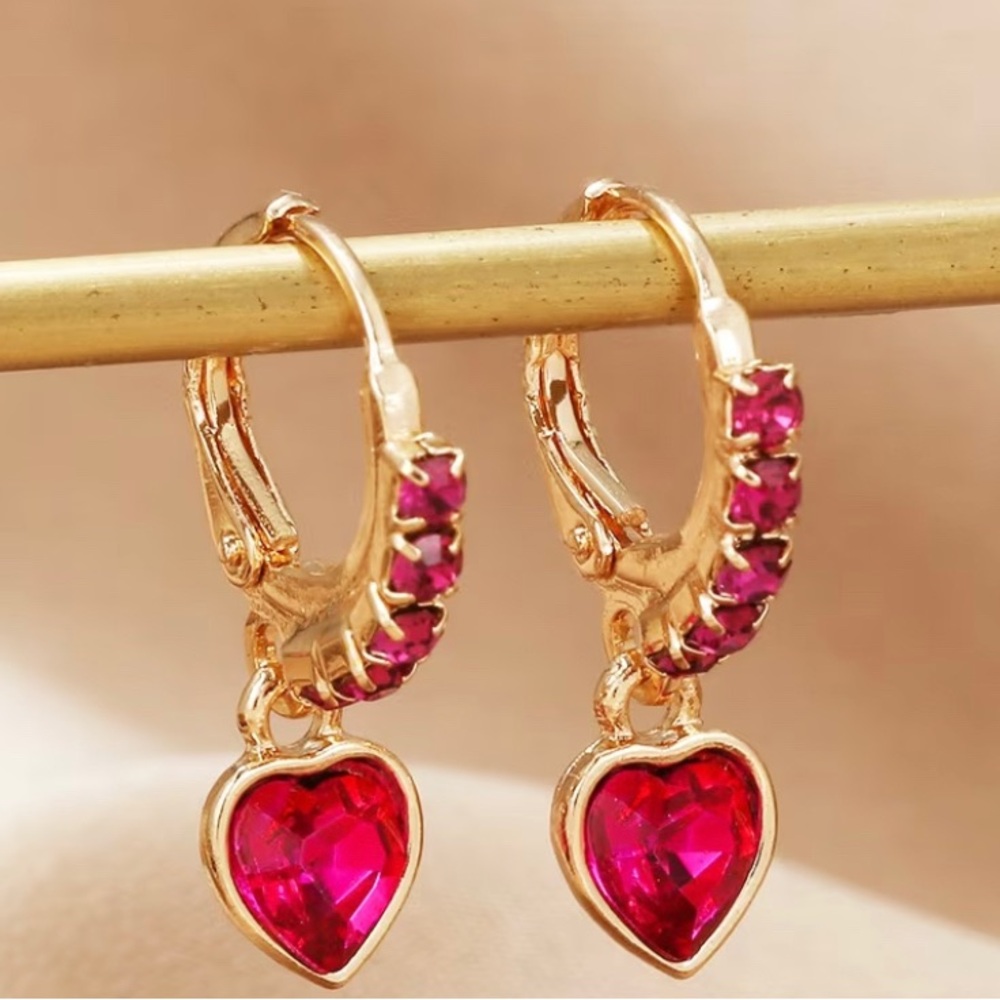 Gold Hoop Earrings with Pink Heart Glass Drops - Women Jewelry